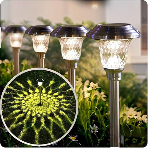 BEAU JARDIN 8 Pezzi Lampade da Giardino LED Torce Solari Luci da Giardino Inox con Colore Cambiato e Luce Bianca Calda Riflettori Per Illuminazione Faretti Solari da Esterno Prato Deck Cortile