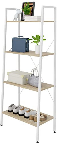 eSituro Bücherregal Leiterregal 4 Ablagen Standregal Aufbewahrung Küchenregal Badregal 60x35x148CM Weiß+hell Eiche SSTR0039