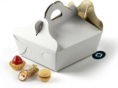 MAQA 25 Pezzi Scatole Porta Torta 23x33 cm, Rettangolari in Cartone Bianco e Oro con Maniglia, Porta Dolci, Pasticcini e Biscotti per Asporto, Feste, Pasticcerie e Catering