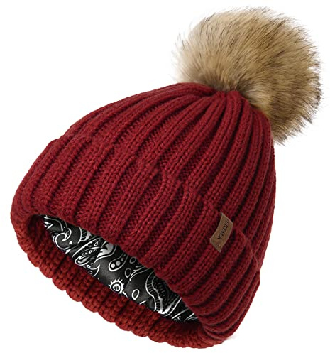 FURTALK Beanie Hats Women Satin Lined Knitted Hat Detachable Pompom Soft Feel Winter Hat Breathable for Girls Wine red