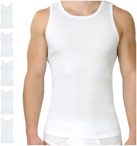 SES Juego de 5 camisetas interiores para hombre, de tirantes y acanaladas, 100 % algodón, Blanco, XXL