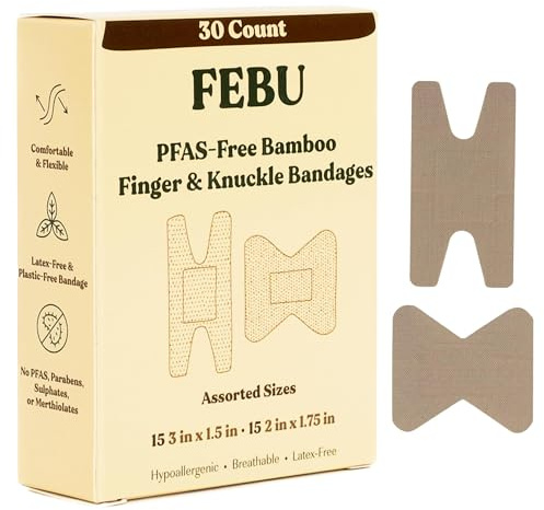 FEBU Eco-Friendly Bamboo Fingertip Bandages | PFAS Free Knuckle Bandages for First Aid | Flexible Fabric Wound Dressing | Fully Compostable, Latex Free Bandage | 30 Count Knuckle & Finger Bandage