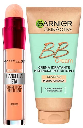 Garnier Skinactive BB Cream Crema Facial Hidratante Perfeccionadora Todo en 1 SPF25 Tono Medio-Claro + Corrector Líquido Multiusos Antiedad Color 02 Nude con Aplicador de Esponja