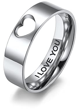 AMDXD Gravur Namen Herren Verlobungsring, Edelstahl Bandring Hohl Herz mit Gravur I Love You Herrenringe für Frauen, Silber