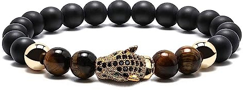 TINGN Gold Leopard Herren Armband, 8mm Natürliches Tigerauge Schwarz Matt Achat Armband Perlen Armbänder für Männer Yoga Perlen Heilung Armband Gold Leopard Armband Opa Papa Geschenke für Männer