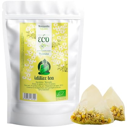 IDILICC TEA Infusion de Manzanilla 100% Ecológico. 30 Pirámides. Bolsitas de Té de Flores de Manzanilla Natural Puras. Relajante Natural y Digestiva. Infusiones Variadas