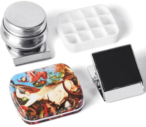 Portable Mini Tin Box 12-Well Empty Watercolor Palette Paint Mixing Tray is a Small Storage Kit with Magnetic Clip and Oil Pot,Making it Outdoor Sketching and DIY Painting.Space and Time Walk