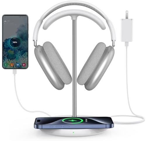 Miroddi Headphone Stand with Wireless Charger, Independent USB Charging Port, 5 in 1 Charging Station Headset Holder Rack for AirPods Max/Pro/4/3/2, iWatch, iPhone, Samsung and Desk Headphones, White