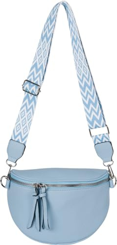styleBREAKER Damen Halbmond Crossbody Schultertaschen Einfarbig, verstellbarer Schultergurt mit Zick-Zack Rauten Muster 02012401, Farbe:Hellblau
