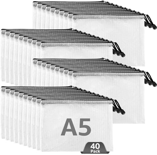 Oungy 40 Stück Dokumententasche A5 Schwarz Dokumentenmappe A5 Reißverschluss Taschen Mesh Plastic Zip Bag a5 Dokumententasche für Datei, Papier, Dokumente, Kosmetika, Hausaufgaben (Schwarz)