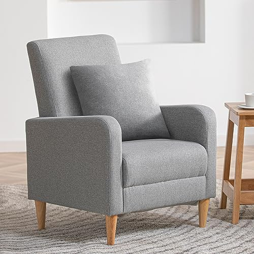 COLAMY Sessel Wohnzimmer Einzelsofa für Schlafzimmer, Moderner Gepolsterter Akzentstuhl mit Kissen, Stoff Leseecke Seitenstuhl mit Weicher Memory-Schaum Loungesitz und Holzbeinen, Hellgrau