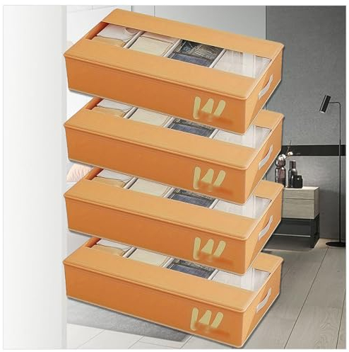 RYJYQYX Unterbettkommode Faltbar mit 5 Verstellbaren Trennwänden, Unterbettkommoden mit transparenter Deckel, Unterbett Aufbewahrung Unterbett-Organizer Für Kinder Und Erwachsene,Orange-4Pcs