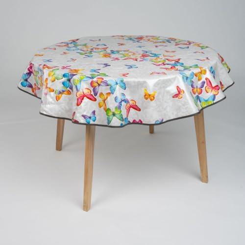 laro 140cm runde Wachstuch Tischdecke abwaschbar Wachstuchtischdecke mit Saum-Eingefasst-Paspelband, Muster:Schmetterlingsballet Bunt, Größe: Rund 140cm