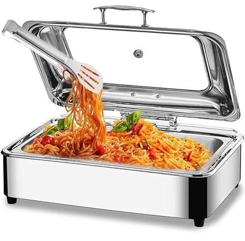 Chafing Dish Elektrisch, 9L Edelstahl Speisenwärmer Buffetwärmer (GN1/1) | Kommerziell Elektrisch Warmhaltebehälter Essen mit Sichtbarem Glasdeckel für Buffets und Partys, Einstellbarer Temperatur