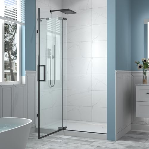 Comfystyle 112–122 cm B x 178 cm H Piovt svängglas duschdörr, svängbar ramlös duschglasdörr med 8 mm (5/16 tum) klart SGCC härdat glas, matt svart finish duschdörrar, vändbar installation