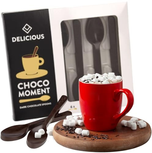 LOT de 6 Cuillères en chocolat noir à fondre, pour chocolat café chaud gourmant glace sorbet desserts, idéal pour dessert de noël, anniversaires, fêtes de fin d'année