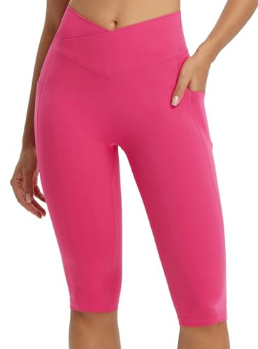 baleaf Knälånga caprileggings för kvinnor med fickor, capribyxor hög midja yoga vardaglig träning träning, Rosig, XS