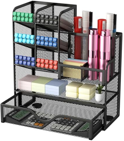Comzantor Stiftehalter Schreibtisch Organizer, Mesh Metall Schreibtischorganizer, Büroorganisation mit Schublade, Platzsparendes Tischorganizer, Multifunktional Organiser, für Büro, Zuhause (Schwarz)