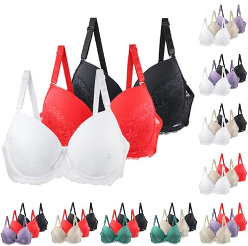 3er Pack BHS Damen mit Bügel Push Up Sexy BH Set Frauen Starker Halt Große Brüste Klassische Spitzen-BH Set Bequemer Unterwäsche Women Bra für Alltag