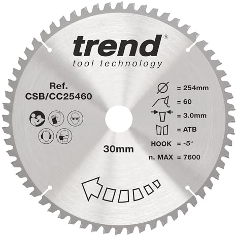 Trend Wood Gehrungssägeblatt, 254 mm Durchmesser, 30 mm Bohrung, 60 Zähne, 3 mm Schnittfuge, -5° Haken, TCT, feine Oberfläche, CSB/CC25460
