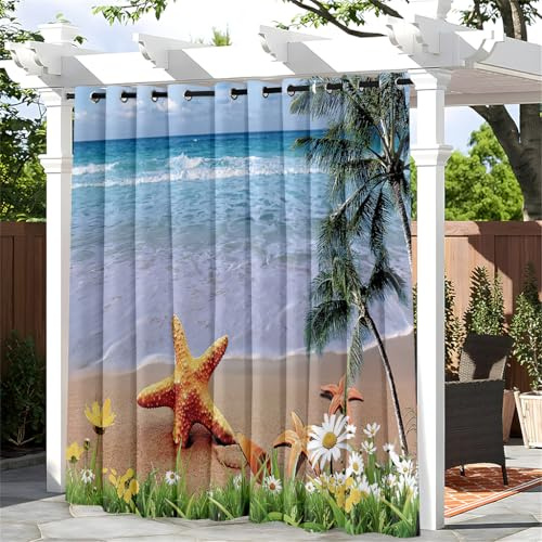 Hixingo 1 Panele Cortina Exterior Impermeable, Cortinas Opacas con Ojales, Impresión de Paisaje Marino 3D, para Terraza/Patio/Jardin/Porche (Flores y Estrellas de mar,180x243cm)