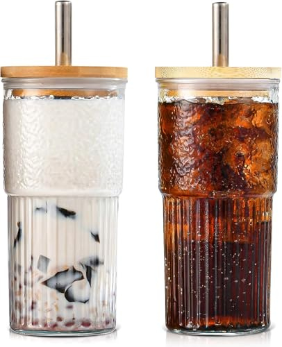 Owenda 2 Pack Thickened Iced Coffee Cup Glass Cups with Lids and Straws,Leakproof Glass Cups Suitable for Iced Coffee,Boba Cup,Juice,Soda,Tea,Milk,Smoothie(600ML)
