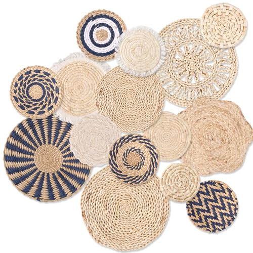 15er Set Boho Wandkörbe aus Seegras – Runde, Handgeflochtene Bohemian Deko-Körbe in Naturfarben für Wand & Tisch