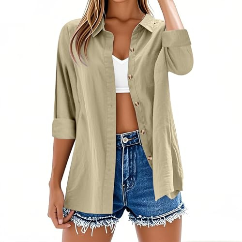 Camisetas de manga larga para mujer, estilo casual, con botones, de lino y algodón, color liso, cuello en V, cuello enrollable, holgadas, de gran tamaño, ligeras, elegantes, para oficina, trabajo