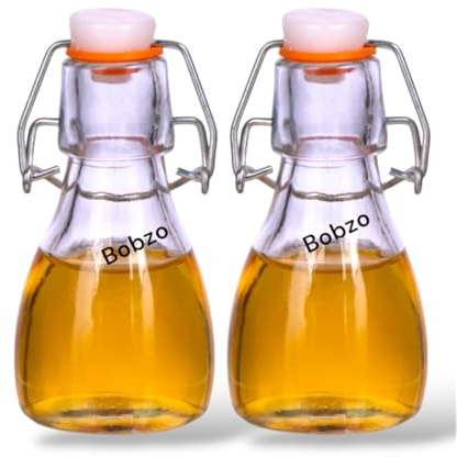 Bobzo Mini botellas de vidrio de 75 ml, paquete de 2 botellas herméticas vintage con sello de goma y clip de bloqueo, tarros de vidrio reutilizables a prueba de fugas para licores, aceites infundidos