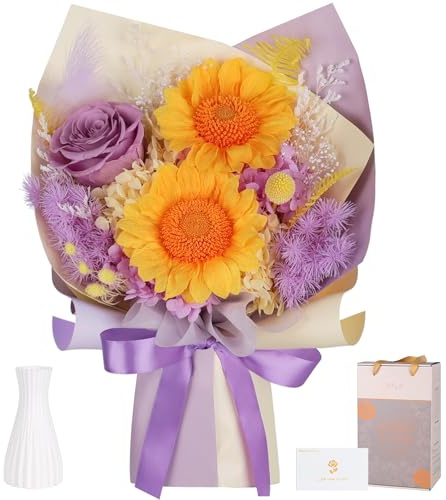 Preserved Sunflower Bouquet - Forever Flowers for Delivery, Purple Rose That Last 3 Years, Eternal flowers Bouquet, Mothers Day Gifts for Mom Grandma Wife, Anniversary Birthday Gifts for Women