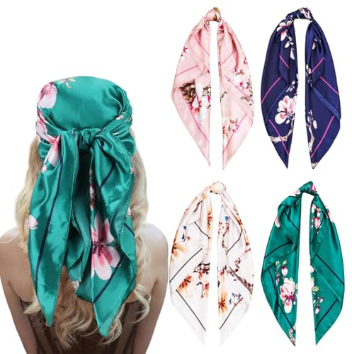 Rbleote kopftuch Damen Sommer, 4 Stück Kopftuch Seidentuch Halstuch für Damen, 90x90cm,Grafikdruck Seidentuch,Geschenk für Mutter Geeignet für Taschentuch, Hals, Handgelen