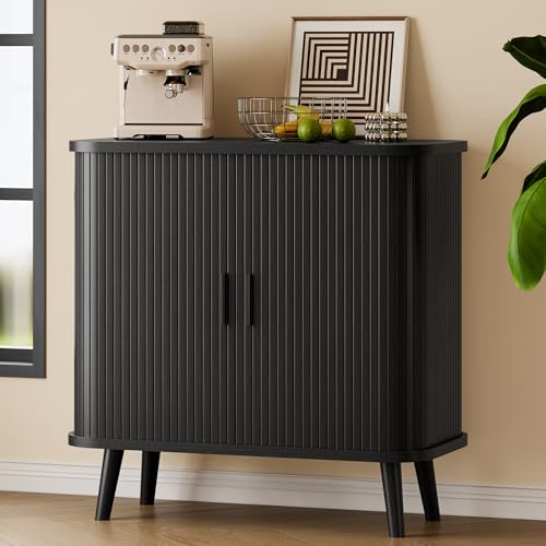 Sideboard Buffet Cabinet with Sliding Door, 31.5 Wide Fluted Modern Accent Storage Cabinet with Adjustable Shelves, Wood Coffee Bar Buffet Console Table for Kitchen, Dining Room, Living Room, Black