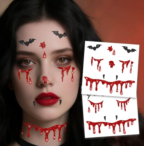 Vampire Halloween Aufkleber Gesicht,Vampirkostüm Glitzersteine Gesicht Aufkleber Temporäre Tattoos, Vampir Schminke kinder für Karneval,Halloween,Tag der Toten (Vampire)