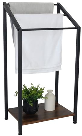 Relaxdays Handtuchständer mit Ablage, HxBxT: 80x43x28 cm, schwarz/braun | Industrial, 3 Stangen, stehender Handtuchhalter