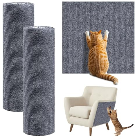 Ruioomeep Klösmatta med katt, självhäftande, set om 2, 40 x 200 cm, mörkgrå, klösvägg för katter, soffskydd, gör-det-själv trimbar klösmatta