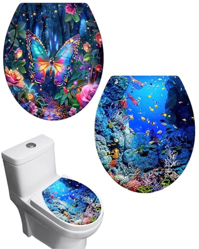 HUVZOR 2 pièces Autocollant de Toilette Couvercle de Siège de Toilette Autocollant Salle de Bain Siège de Toilette Autocollant Créatif Autocollants Forme Ovale 30 x 35(Papillon + Monde Océan)
