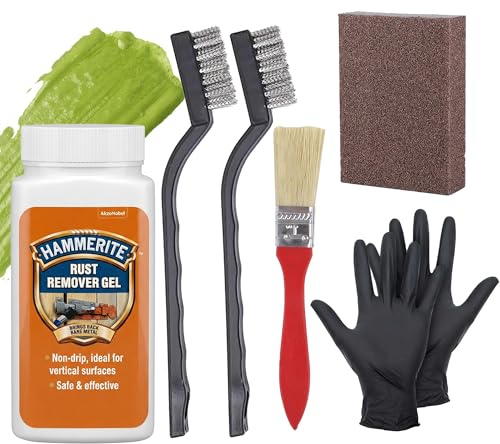 Rust Remover for Metal Complete Repair Kit – Fast Rust Removal with Hammerite Rust Remover Gel 100ml, 2 x Wire Brushes (Nylon Steel Brass), Gloves, Paintbrush & 1x Scrub Pad for Cars, Bikes & Gates