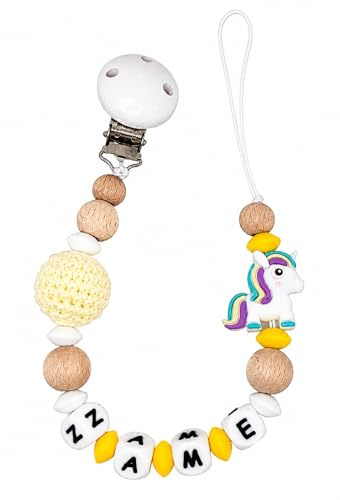 Personalisierte Schnullerkette mit Namen Schnullerhalter individuell selbst gestalten, zur Schwangerschaft, Baby Geschenk personalisiert zur Geburt (Einhorn)