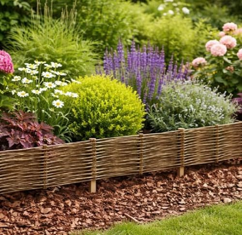 MIKONI Weidenzaun 100cm x 10cm, 5 Stück Set, Beetbegrenzung aus Weide Weidengeflecht Garten Beeteinfassung für Blumen und Gemüse Rasenkanten (5, 100 x 10 cm)