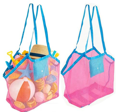 Bolsa de Malla Grande para Juguetes de Playa, Arena y Agua, 2 Unidades, Reutilizable y Plegable para Niños, Playa, Pícnic, Vacaciones Familiares (rosa)