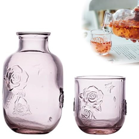 Vintage Embossed Rose Glass Pitcher and Cup Set 2 in 1 Vintage Flower Teapot Lid For Bedroom Matching Water Cup with Carafe