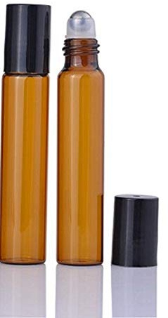 CMJ 2 x 10ml Amber Roller Ball Empty Bottles Essental Oils Metal Roller Ball Roll On BLACK Lid UK SELLER