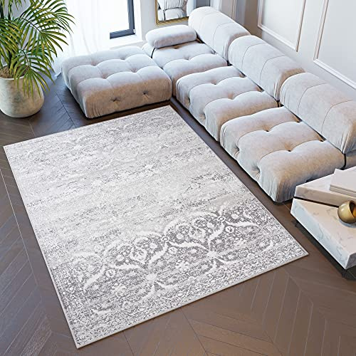 TAPISO Sky Teppich Kurzflor Grau Creme Ornament Floral 160 x 220 cm | Modern Meliert Verwischt Design Wohnzimmer Schlafzimmer 3D Optik OEKO-TEX