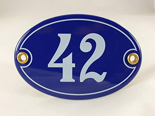 Emaille Hausnummer Schild Nr. 42, oval, Blau-Weiß Handarbeit