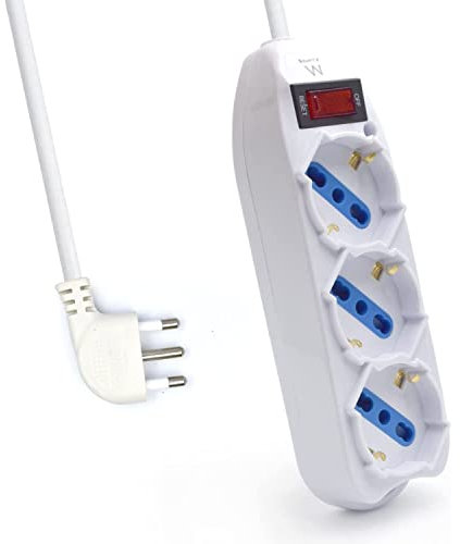 Multipresa a 3 Posti, Ciabatta Elettrica con 3 Prese Schuko/Tedesche e Italiane 10A/16A - Spina Italiana 10A - Potenza 250V/2500W - Cavo da 1,5 Metri, Prese Angolate a 45°
