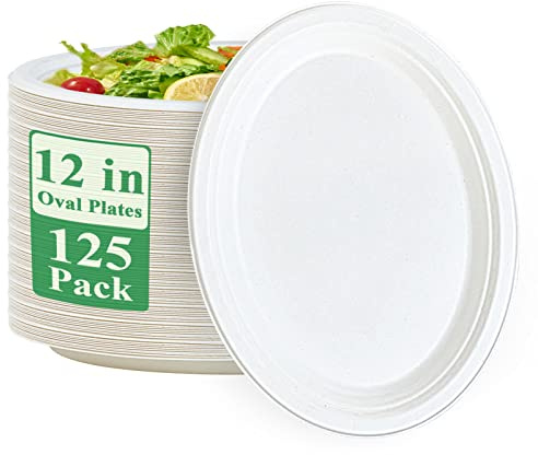 Vplus 100% Compostable Oval Paper Plates 12 inch 125 Pack Super Strong Disposable Paper Plates Bagasse Natural Biodegradable Eco-Friendly Sugarcane for BBQ, Party, Dinner, and Picnic