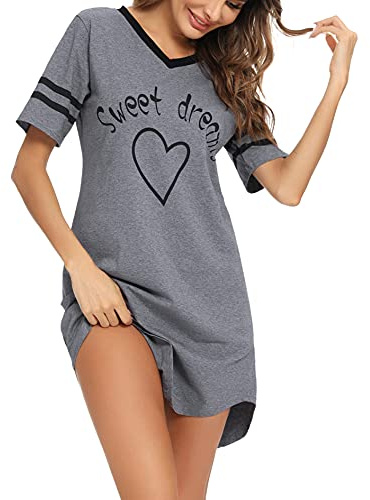 Litherday Camisón Mujer Algodón Verano con Cuello en V y Estampado Adorable Pijama de Manga Corta Cómoda y Suelta Ropa de Dormir, Gris Oscuro, XXL
