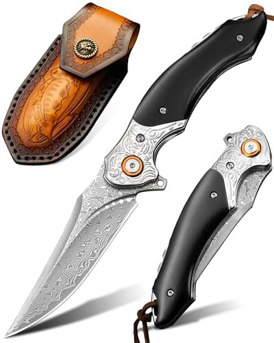 LOTHAR TUNA Taschenmesser, Damast Klappmesser aus 67 Lagen VG10 Damaststahl, Damast Taschenmesser mit Scharfe Klinge und Ebenholzgriff, Damast Einhandmesser, für Sammlung oder Geschenk