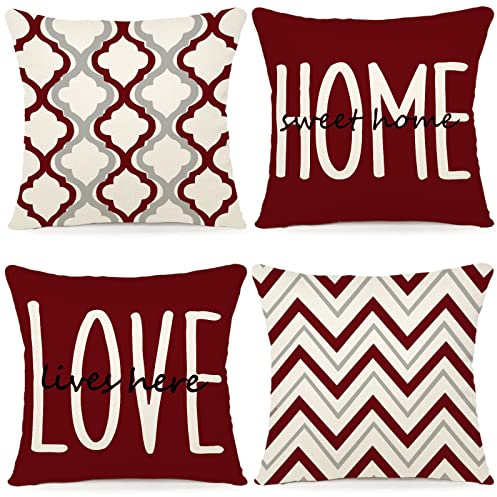 YCOLL Kissenbezug 40x40 4er Set Dekokissen Leinen Kissenbezüge Geometrische Muster Kissenhüllen für Sofa Schlafzimmer Couch Outdoor Kissen 40x40 Rotwein