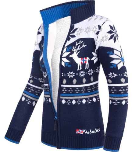 Nebulus Damen Norweger Strickjacke SVERRE, gefütterte Jacke, mit Reißverschluss, Navy-Offwhite - M/38